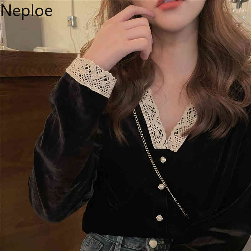 Neploe Women Blouse Lace Patchwork Velvet Shirt Spring V Neck Long Sleeve Vintage Korean Fashion Short Black Blusas Mujer 4H511 210422