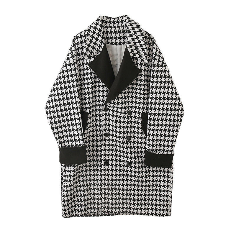 IEFB /men's wear autumn winter Plaid color patchwork loose big size mid length woolen coat for male double breasted long coat 210524