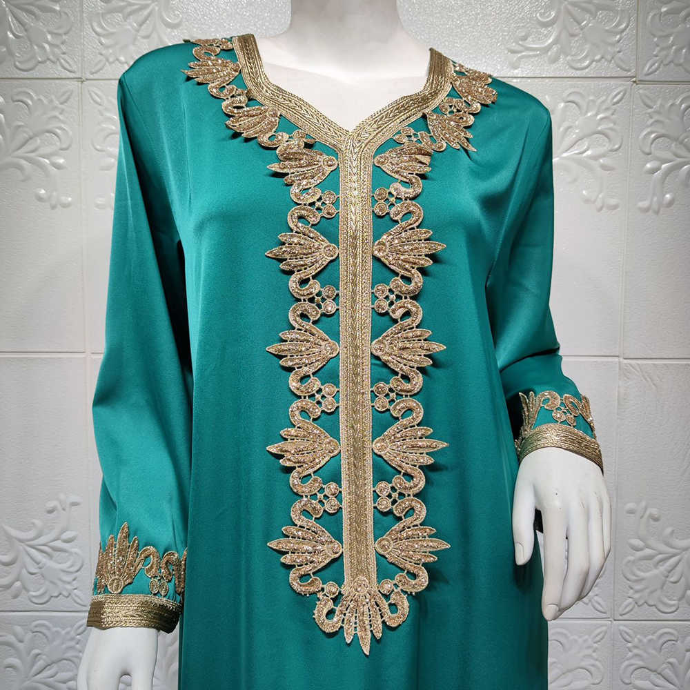Siskakia Satin Maxi Dress for Women Elegant Ethnic Embroidery Gilding Jalabiya Muslim Dubai Arabic Moroccan Kaftan Robe Green 210729