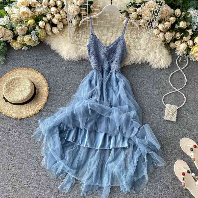 Bohemian Knitted Sexy V Neck Spaghetti Strap Summer Midi Long Dress Asymmetrical Women Casual Beach Irregular Dress 210521