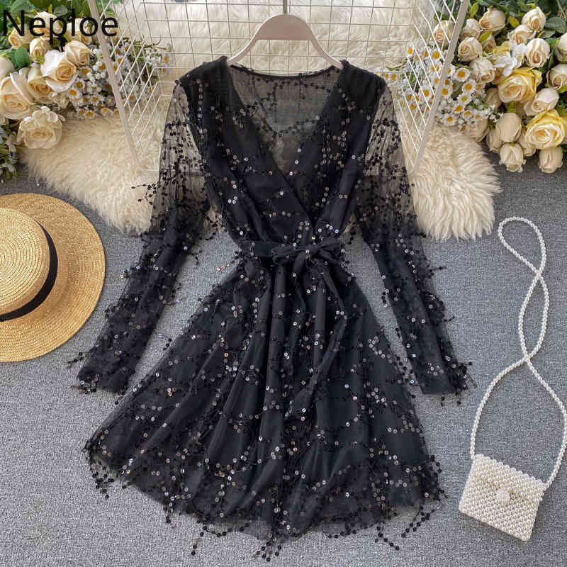 V Neck Tassel Sequined Patchwork Long Sleeve Dress High Waist Hip Slim A Line Vestido Autumn Spring Sexy Party Ropa 48650 210422Z