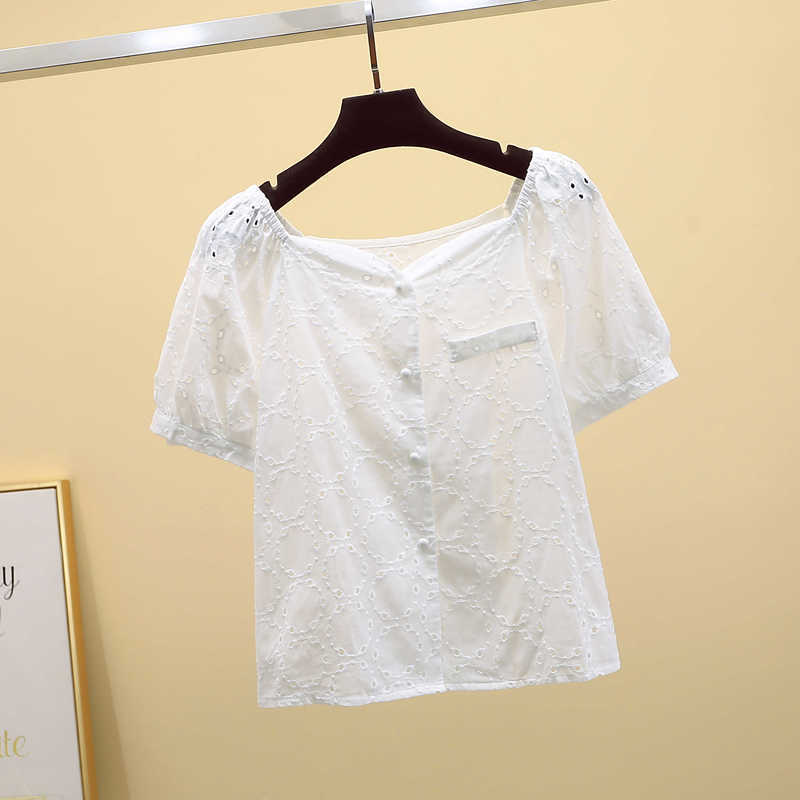 Fashion Women Blouses Sweet Hollow Out Solid Chiffon Blouse Loose Puff Sleeve Cardigan Square Collar Woman's Shirts 9878 210506