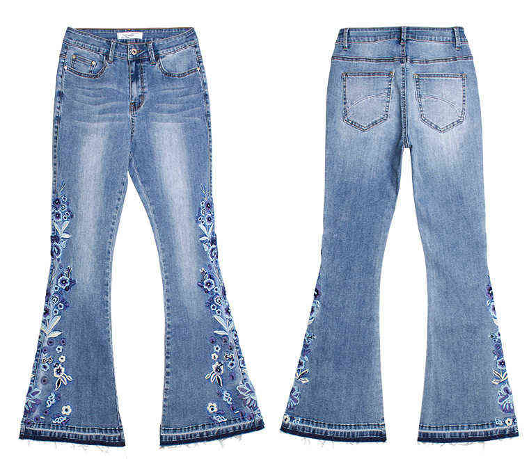 LOGAMI flower Embroidery skinny jeans woman vintage flare denim pants womens 211129