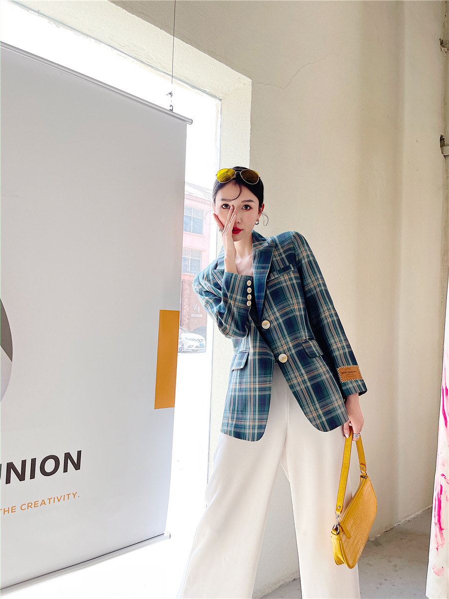 British Style Plaid Green Blazer Women Fashion Jacket Patch Ladies Suit Tailored Coat Spring 210427