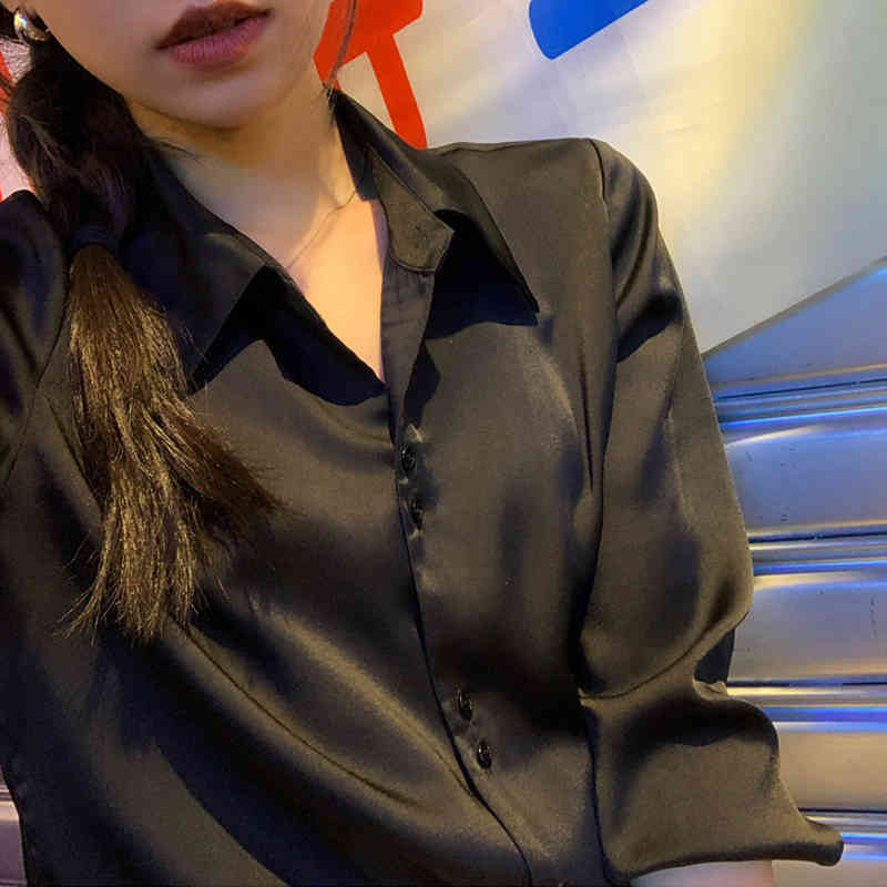French Style Fashion Vintage Blouse Silky Satin Shirts Long Sleeve Shirt Women Solid 4 Colors Turn-down Collar Ladies Tops 11045 210506