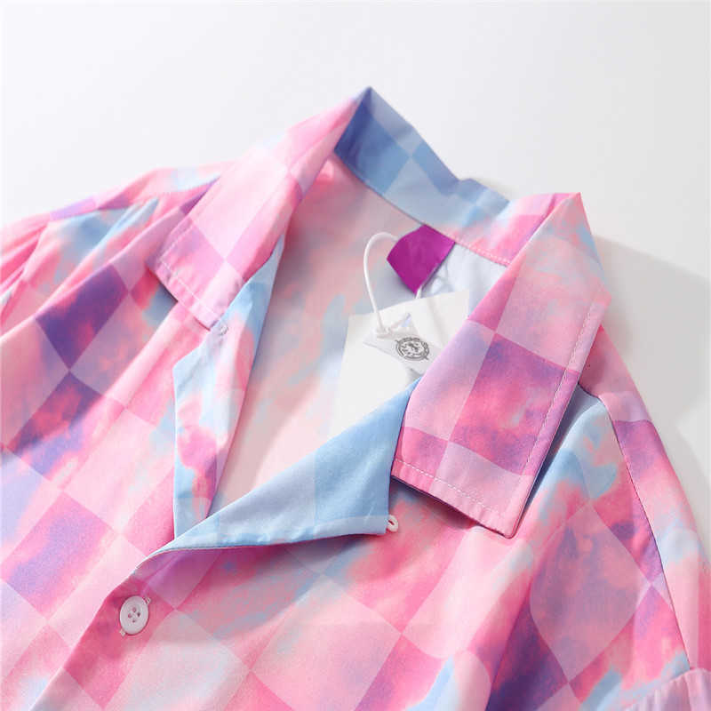 Pink Plaid Polo Shirt Men Women Summer Turn-down Collar Thin Material Beach Shirts 210603