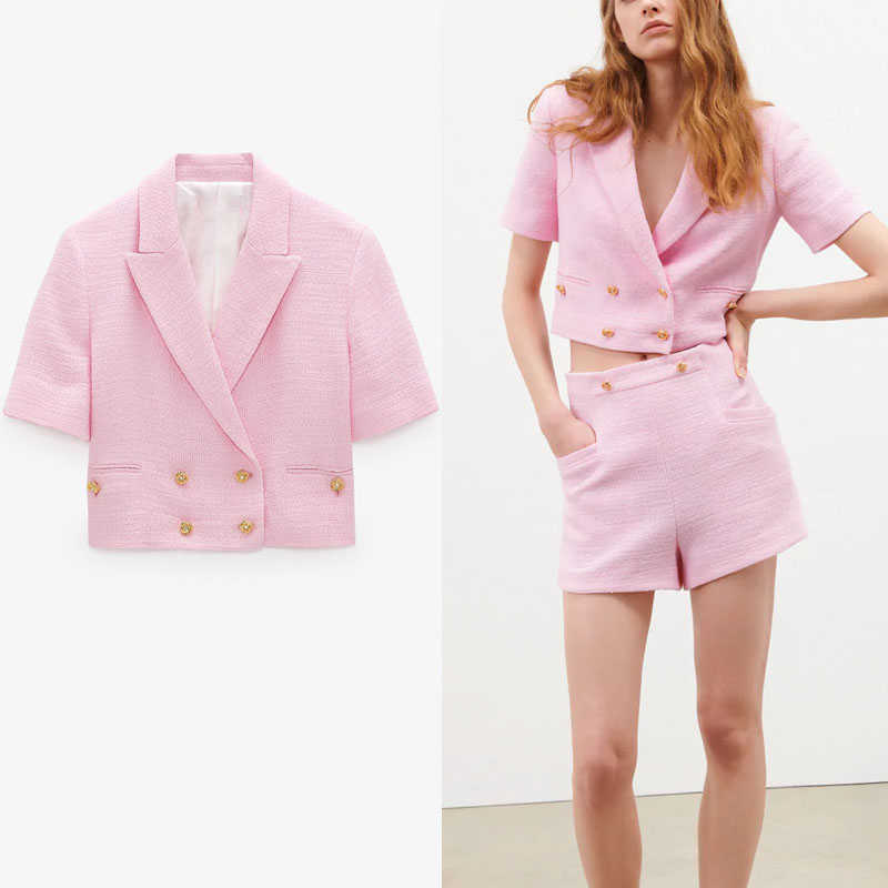 Women Pink Textured Weave Cropped Blazer Za Spring Elegant Short Sleeve Office Lady Coat Blazers Woman Double Button Top 210602
Women Pink Textured Weave Cropped Blazer Za Spring Elegant Short Sleeve Office Lady Coat Blazers Woman Double Button Top 210602
