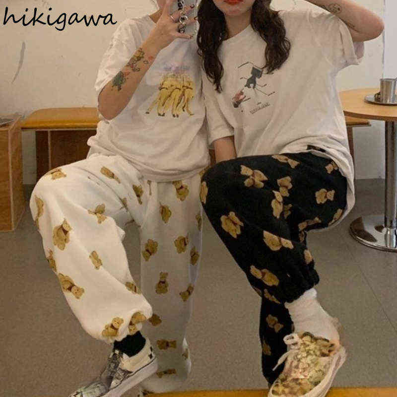 Hikigawa Cartoon Bear Sweatpants Women Streetwear Loose Straight Trousers High Waist Thicked Casual Wide Leg Pants 7z028 211115
