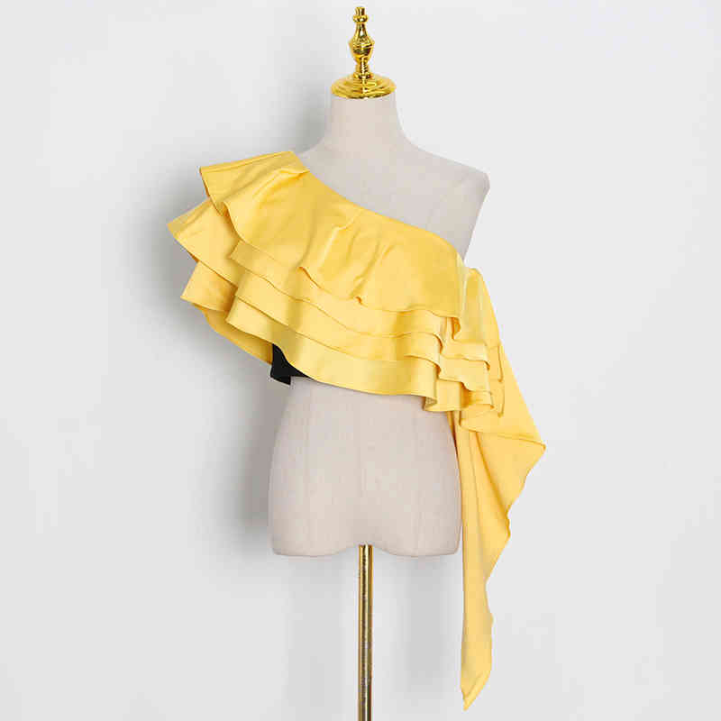 Elegant Asymmetrical Women Shirt Skew Collar Sleeveless Patchwork Ruffles Irregular Hem Blouses For Female Fashion 210524