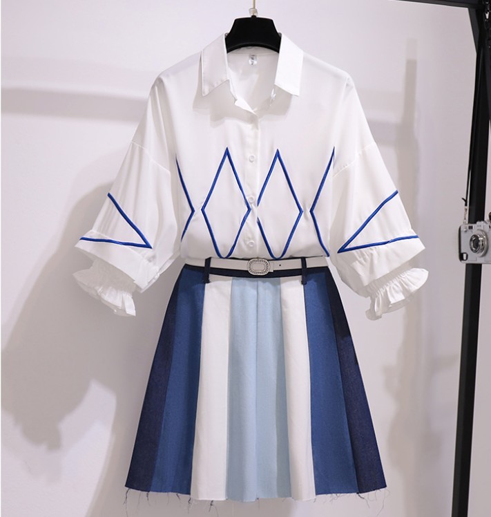 Summer Two piece Retro Women Casual White Turn Down Collar Shirt Top + High Waist Denim Mini Skirt Suit Female 210519