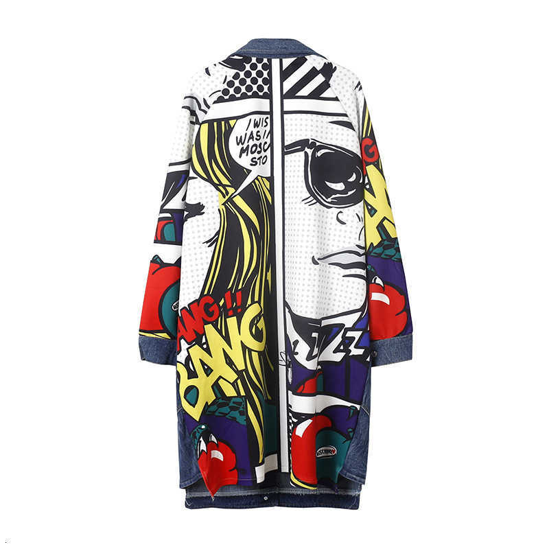 Cartoon Spring Printed Cowboy Patchwork Loose Long Big Size Denim Windbreaker Women Coat Fashion Trench korean B445 210820