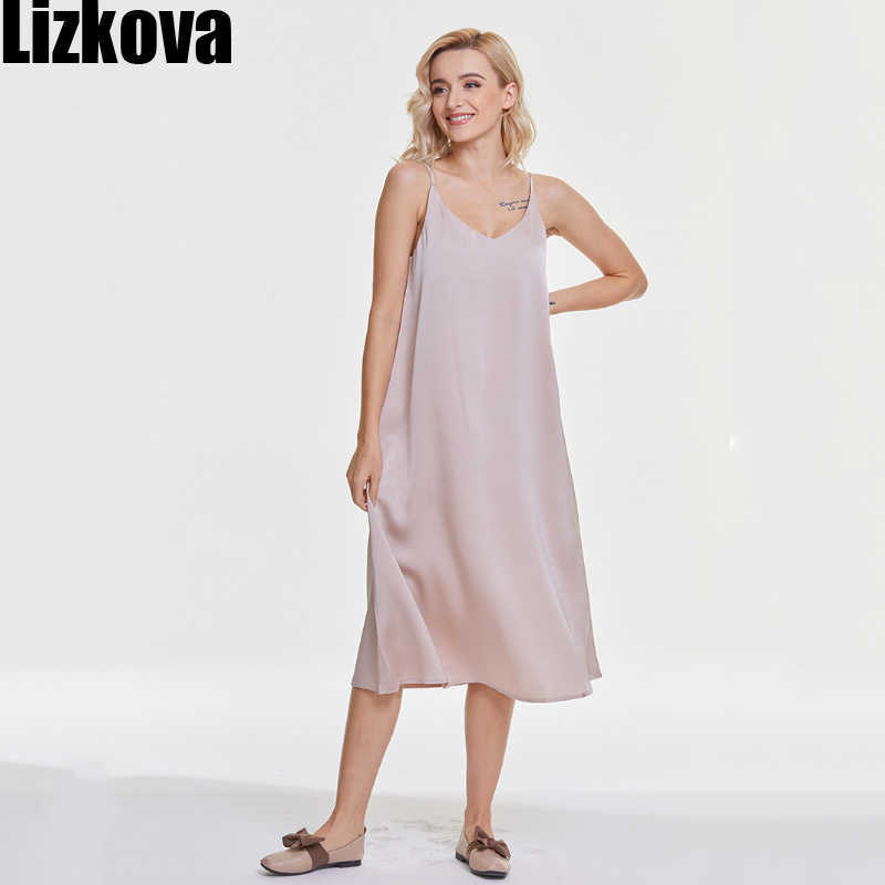 Lizkova Summer Satin Dress Women V-neck Sleeveless Vestidos Green Spaghetti Strap Robe Strap Adjust 210630