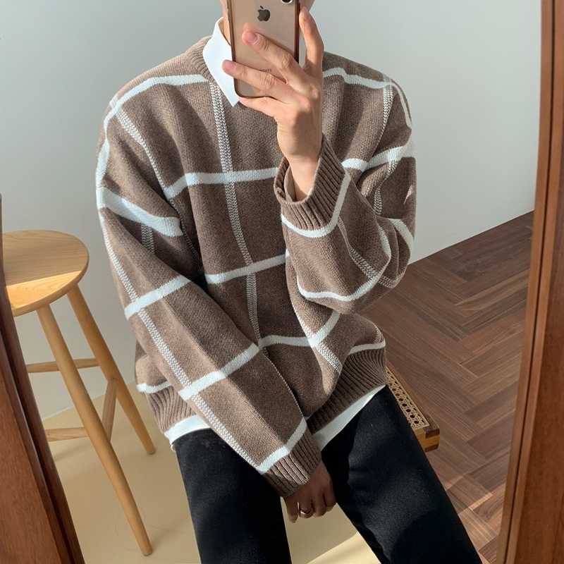 IEFB /men's wear plaid sweater autumn witner Korean style loose pullover knitted tops all-mtch cintage 9Y3248 211008