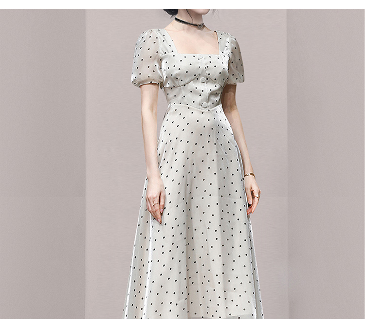 Elegant Temperament Fashion Polka Dot Square Collar Puff Sleeve Vintage High Waist A-Line Party Dress Female Vestidos 210519