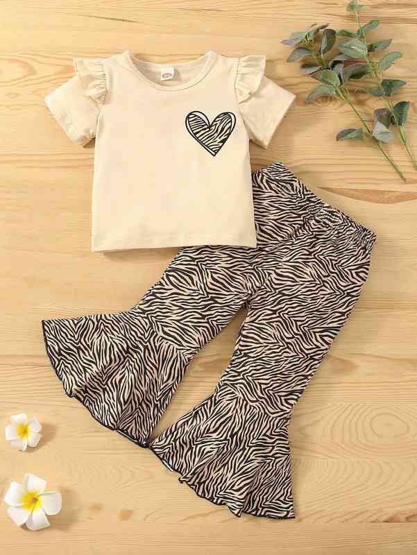 Baby Zebra Striped & Heart Print Ruffle Trim Tee & Flare Leg Pants SHE