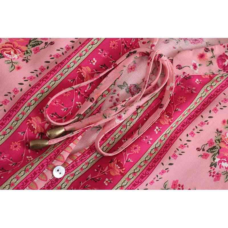 BOHO Bandage Open buttons V neck Floral Print Shirt Hippie Women Tie Bow Lacing up Waist Long Sleeve Blouse Holiday Tops Beach 210429