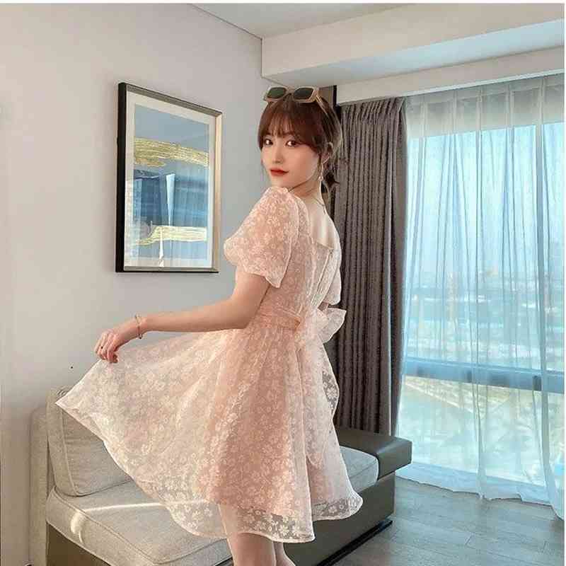 Elegant Vintate Floral Dress Women Short Sleeve Midi Dress Female Party Beach Dress Korea Office Lady Sumemr Chic 210521