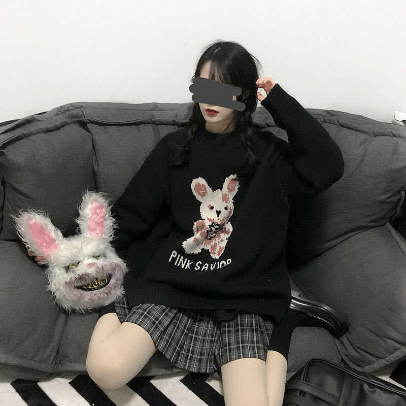 Autumn Winter Harajuku bunny Knitting Sleeve Sweater Casual Long Women Printed Loose Boyfriend Pullover Gothic punk 211011Z