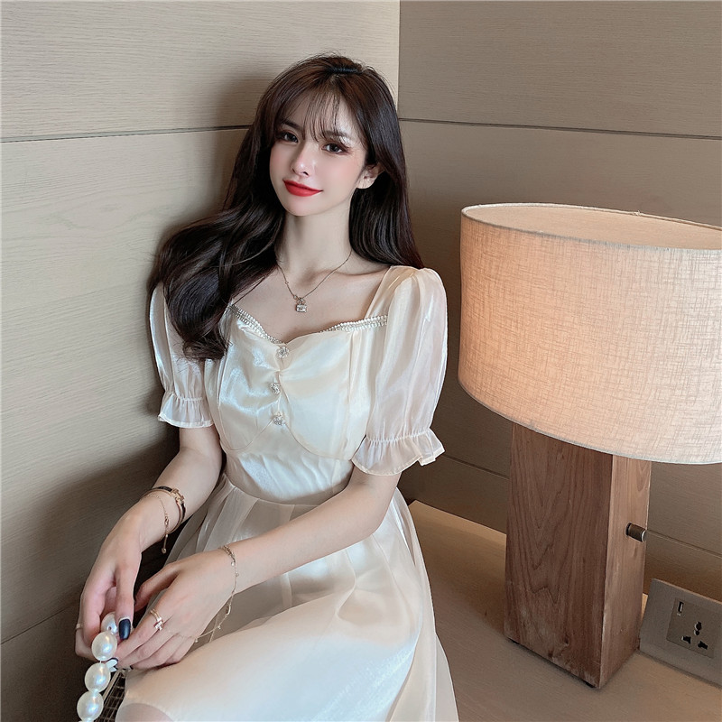 Summer Dresses Sweet Square Collar Flare Sleeve Dress Women High Waist Short Sleeve Midi Long Dresses Spring Robe 14088 210519