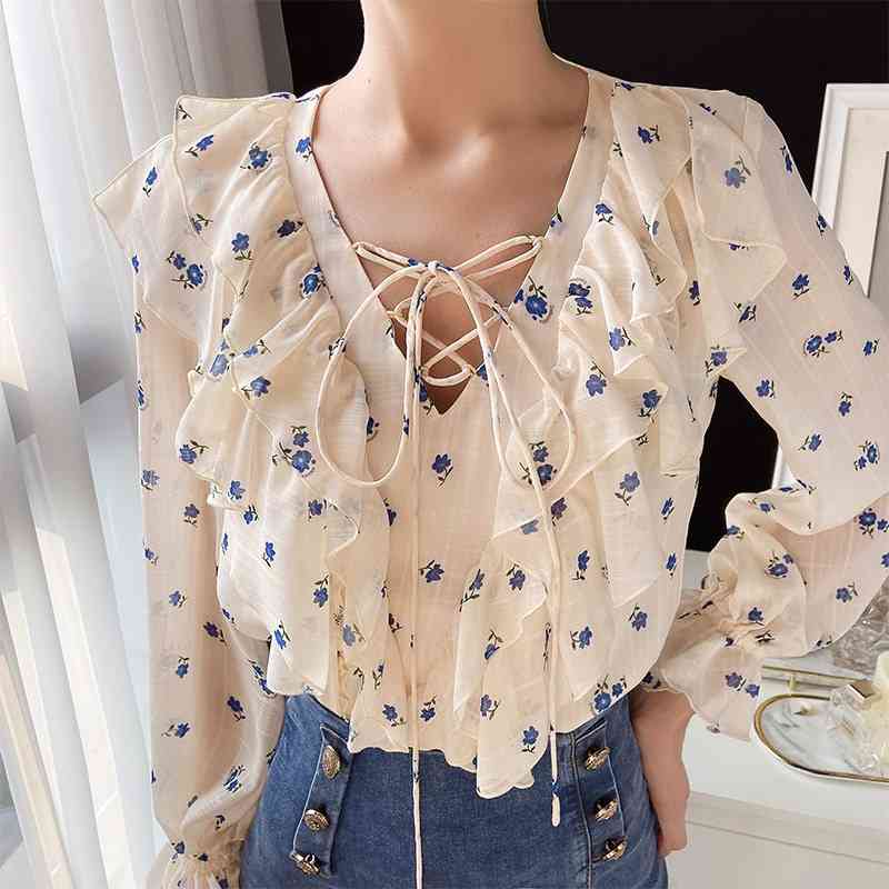 Dabuwawa Casual V-Neck Ruffled Women Blouse Shirt Long Sleeve Print Female Tops Blouse Girlish Style Ladies Blouse DO1AST013 210520