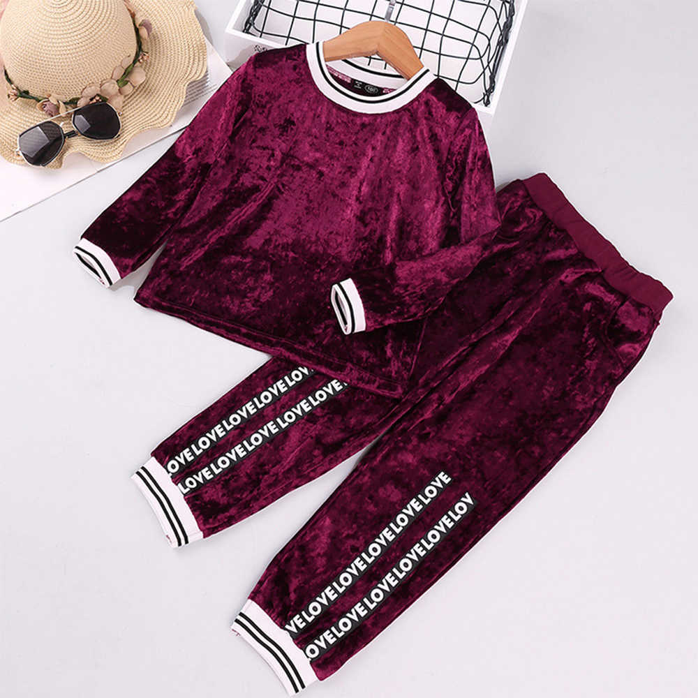 Mudkingdom Autumn Girls Clothes Casual Sets Gold Velvet Tracksuit for Sport Suits Kids Children Set 210615