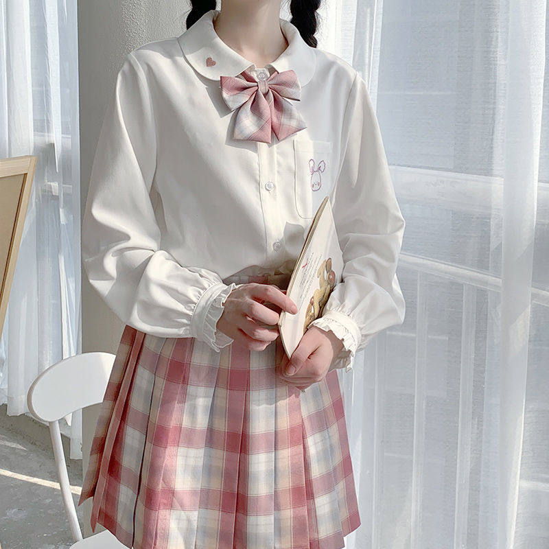 Japan Kawaii Chiffon White Blouse Women Autumn Long Sleeve Rabbit Embroidery Shirts Lolita Style Tops Clothes Schoolgirl 210317