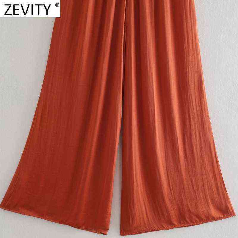 Zevity Women Fashion Solid Color Pleats Wide Leg Pants Female Chic Elastic Waist Side Pockets Casual Summer Long Trousers P1142 211115