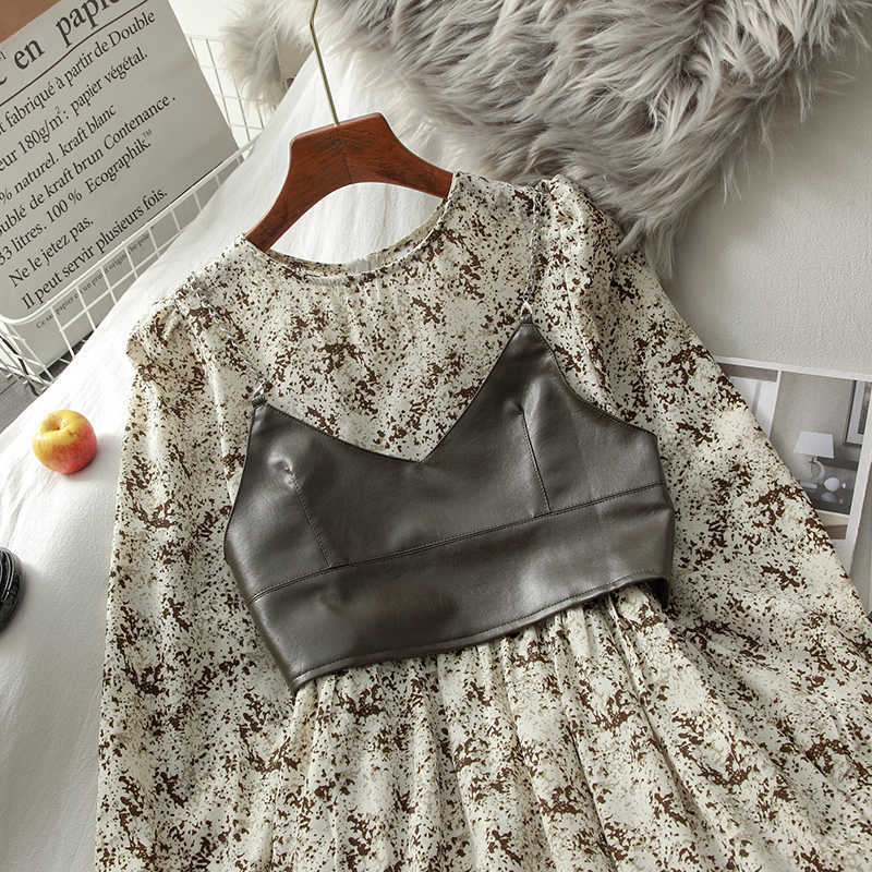 Gagaok Sweet Two Piece Set Women Spring Autumn Korean Chic Wild Fashion Ladies Outfits Floral Dresses + PU Vests 210708
