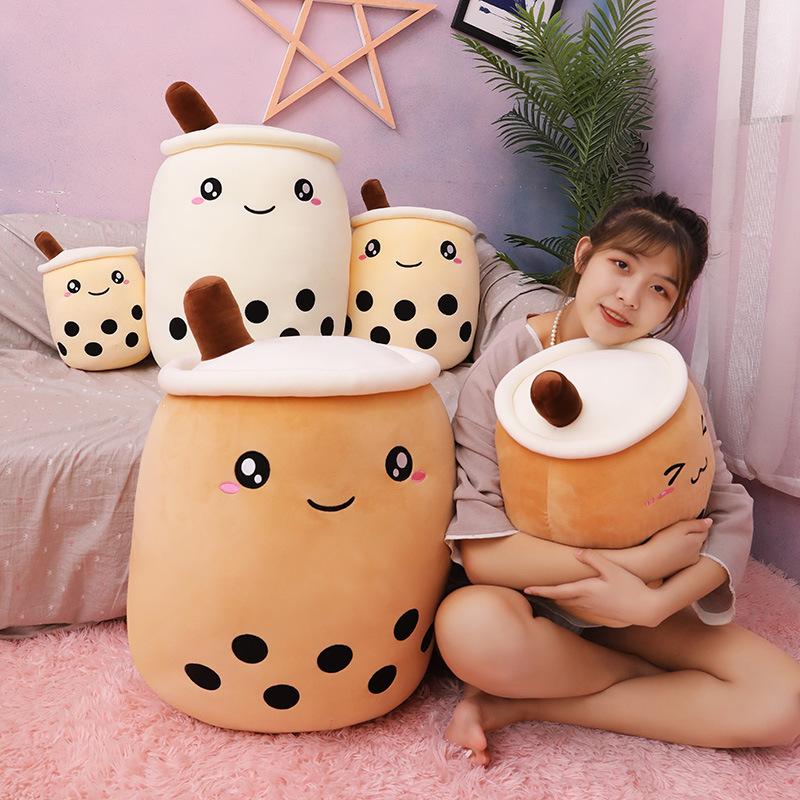 Cute Fruit Drink Plush Stuffed Soft Pink Strawberry Milk Tea Plush Boba Tea Cup Toy Bubble Tea Pillow Cushion Kids Gift