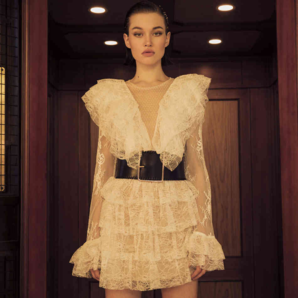 Black Lace Mini Fashion Women's Summer Dress Sexy Long Sleeve Sashes Evening Runway Club Party Outfit Lady 210423