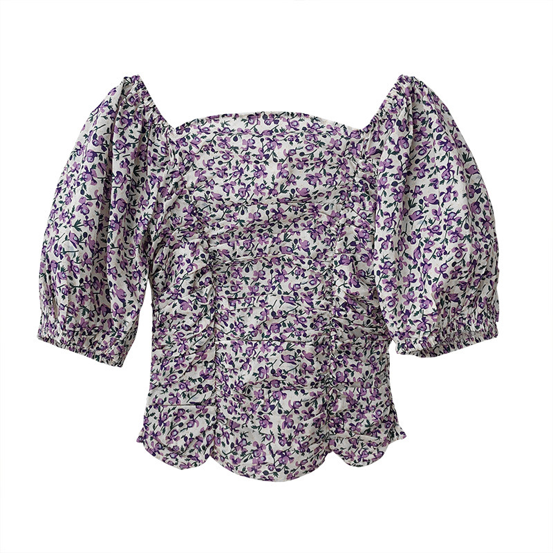 Sexy Off Shoulder Crop Blouse Women Puff Sleeve Pleeated Floral Print Blusas Korean Chic Elegant Tops Shirts 210519