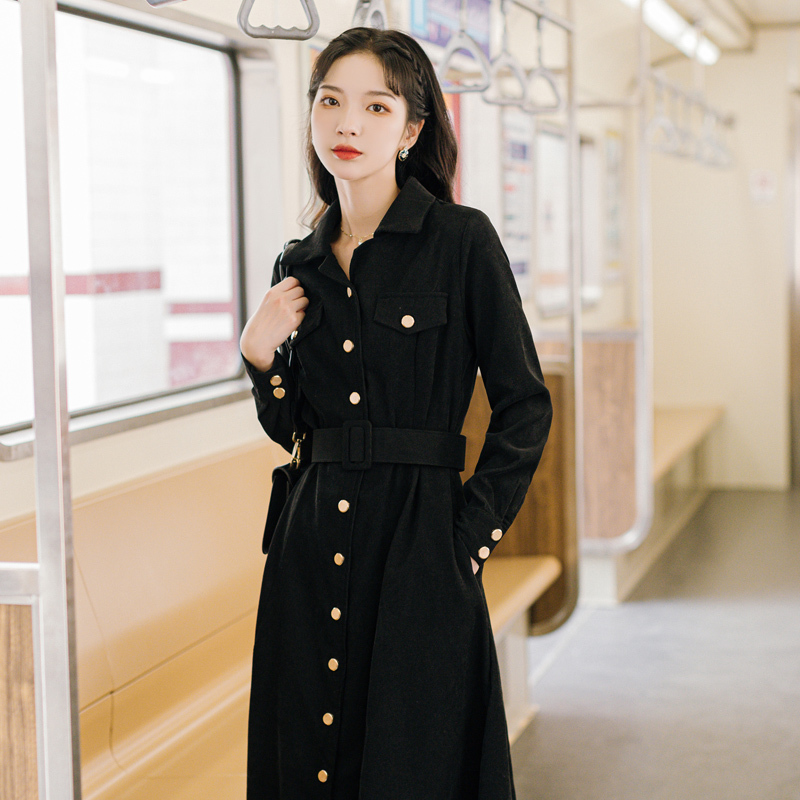 Autumn And Winter Full Sleeve Women Solid Turn-Down Collar Corduroy Dresses Vintage Elegant Long Vestidos 210520