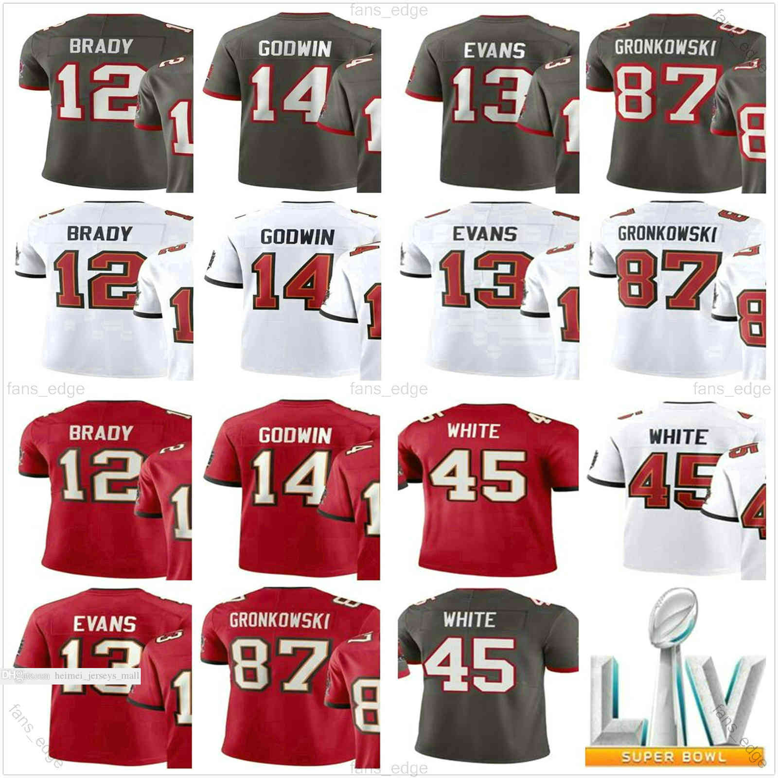 2020 New SuperBowls LIV 12 Tom Brady 87 Rob Gronkowski 14 Chris Godwin 45 Devin White 13 Mike Evans Red White Grey Stitched Football Jerseys
2020 New SuperBowls LIV 12 Tom Brady 87 Rob Gronkowski 14 Chris Godwin 45 Devin White 13 Mike Evans Red White Grey Stitched Football Jerseys