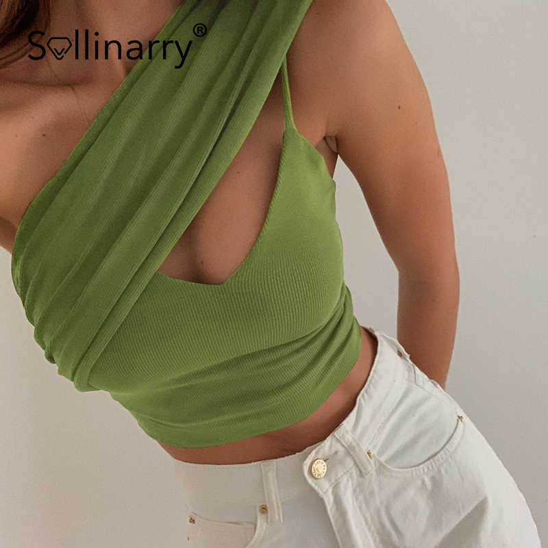 Sollinarry Patchwork rib knitted summer crop top Sleeveless one shoulder woman tops Sexy clubwear slim solid short camisole 210709