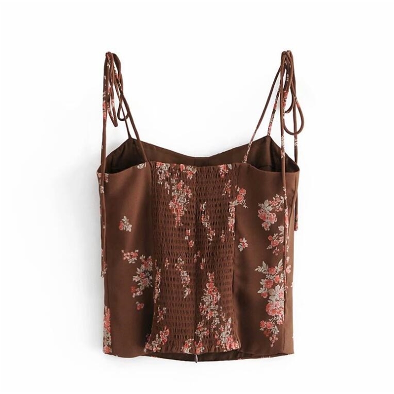 Summer France Tie Bow Strap Coffee Floral Print Camis Women Retro Girl Sexy Back Elastic Ruched Slim Crop Top Short Tees 210429