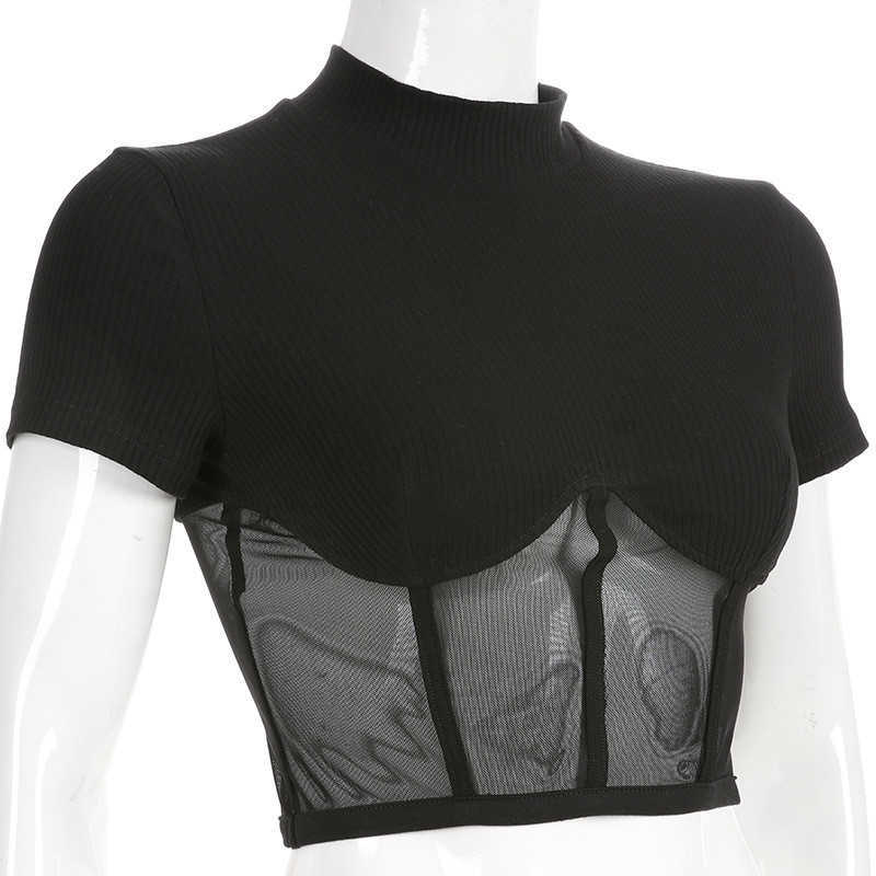 Spring Black Sexy Vintage T Shirt Women Casual Patchwork Mesh Short Sleeve Slim Cropped Tops Ladies Night Club Fitness Tees 210625wtt
