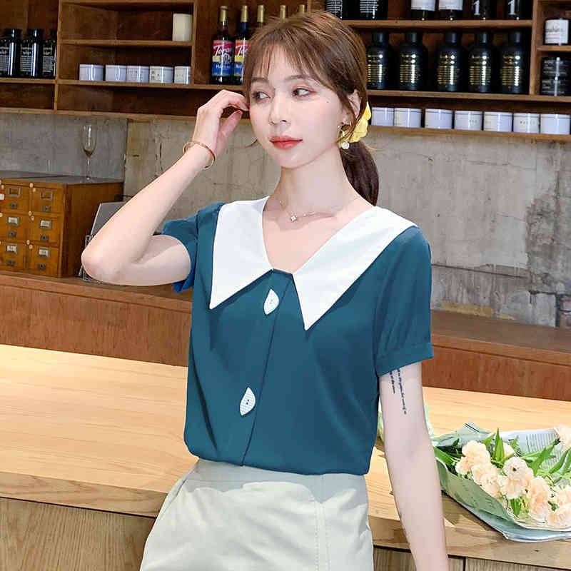 Casual Chiffon Blouses Korean Summer Women Tops Short Sleeve Shirts Solid Back Blow V-neck s Clothing bluasa 9094 210506