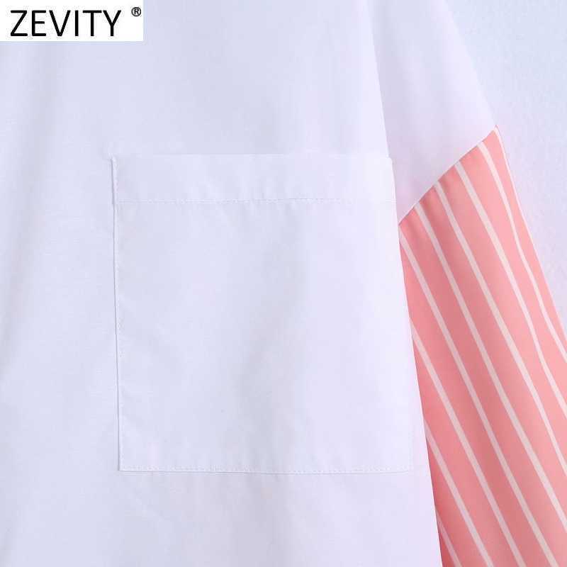 Zevity Women Fashion Striped Sleeve Patchwork White Smock Blouse Office Lady Pocket Patch Shirt Chic Business Blusas Tops LS9356 210603