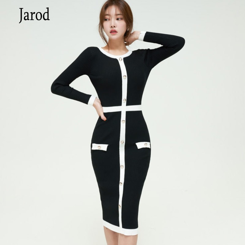 Women fashion Hit color single-breasted Buttons Knit Midi Dress Vestidos Autumn Winter Long Sleeve Knitted sweater sheath Dresse 210518