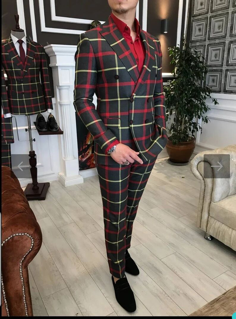 Newest One Button Damier Check Groom Tuxedos Red Shawl Lapel Slim Fit Mens Wedding Suits Formal Party Prom Suit Custom Made(Jacket+Pants)