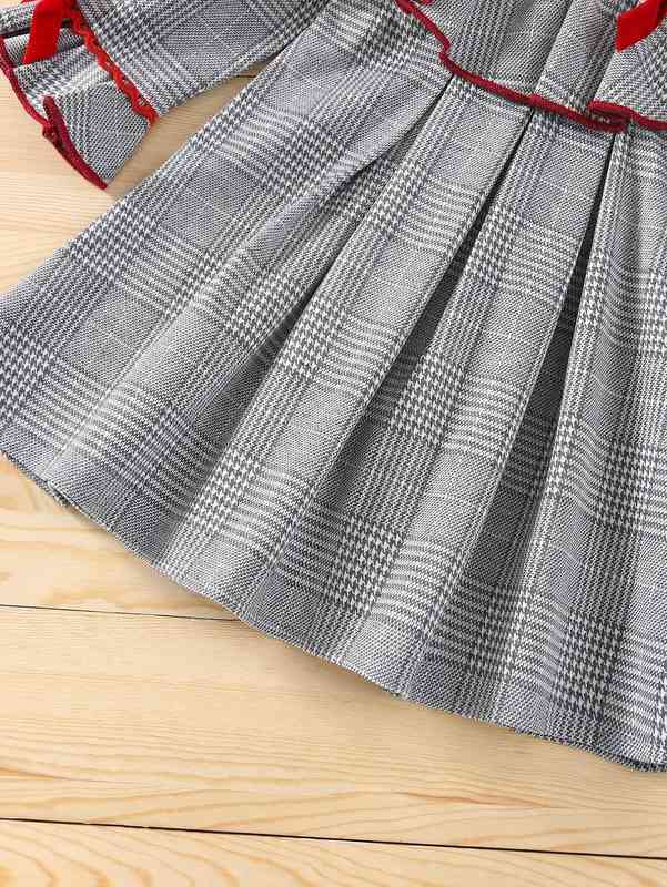 Baby Glen Plaid Bow Detail Ruffle Trim Flounce Sleeve Pleated Dress SHE