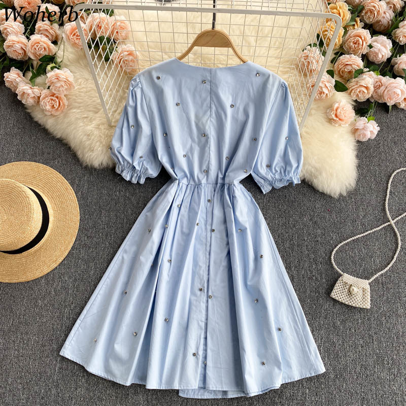 Chic Women Dresses Heavy Diamonds Sweet Vestidos Female Summer Single Breasted Korean Robe Lace Up Bow Slim White Dress 210519