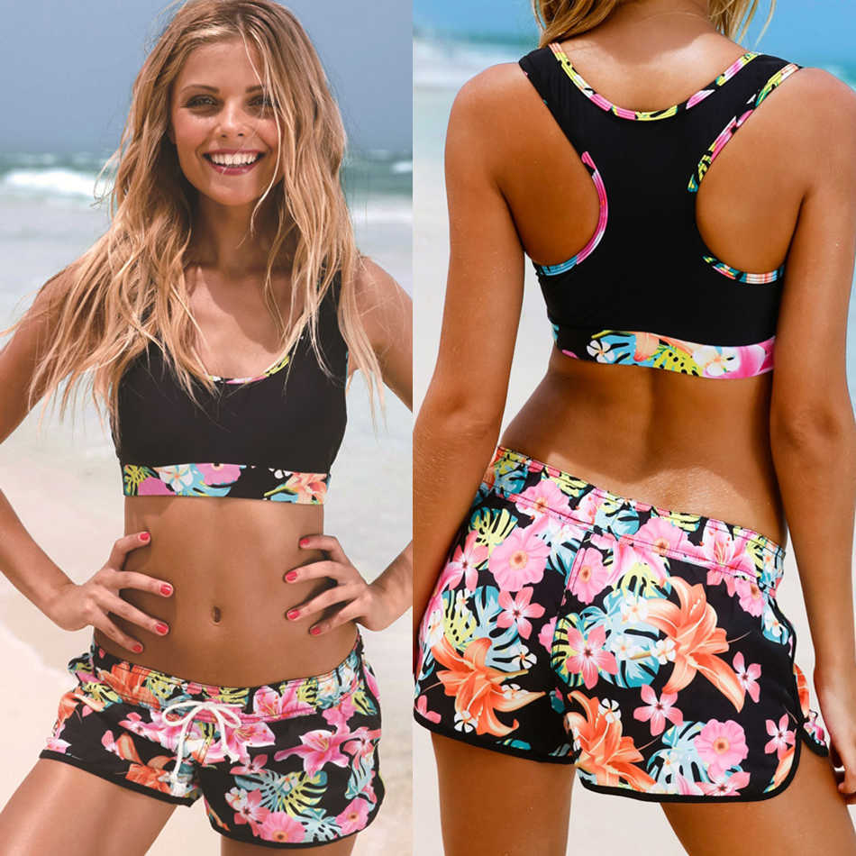 Vikionfly High Waist Bikini Set With Shorts Swimsuit Women Padded Floral Sport Swim Push Up Crop Top Swimwear Bathing Suit 210625