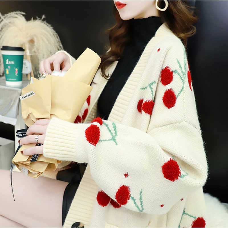 Autumn Fashion Cherries Embroidery Mid-length Cardigan V-Neck Bat sleeve Pocket Knitting Sweater Coat Loose Ladies Tops 210914