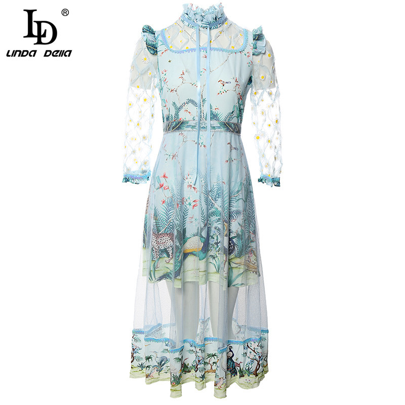 Fashion Runway Summer Dress Women's Stand collar Bow Mesh Embroidery Print Lady Elegant Midi Vestidos 210522