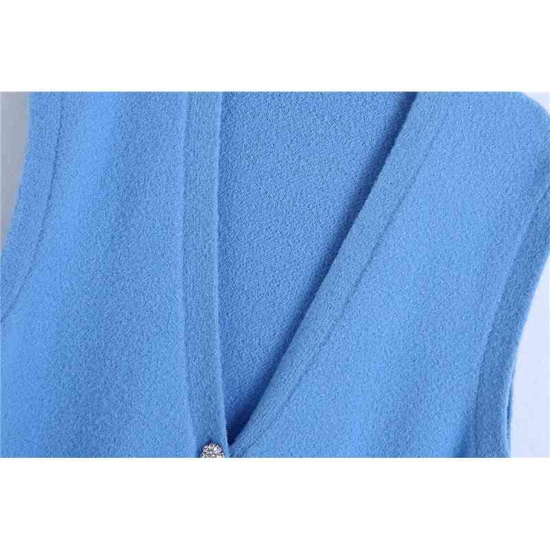 Streetwear Women Blue Sweater Vest Fashion Ladies V-Neck Knitted Tanks Causal Female Chic Diamdons Button Cardigans 210430