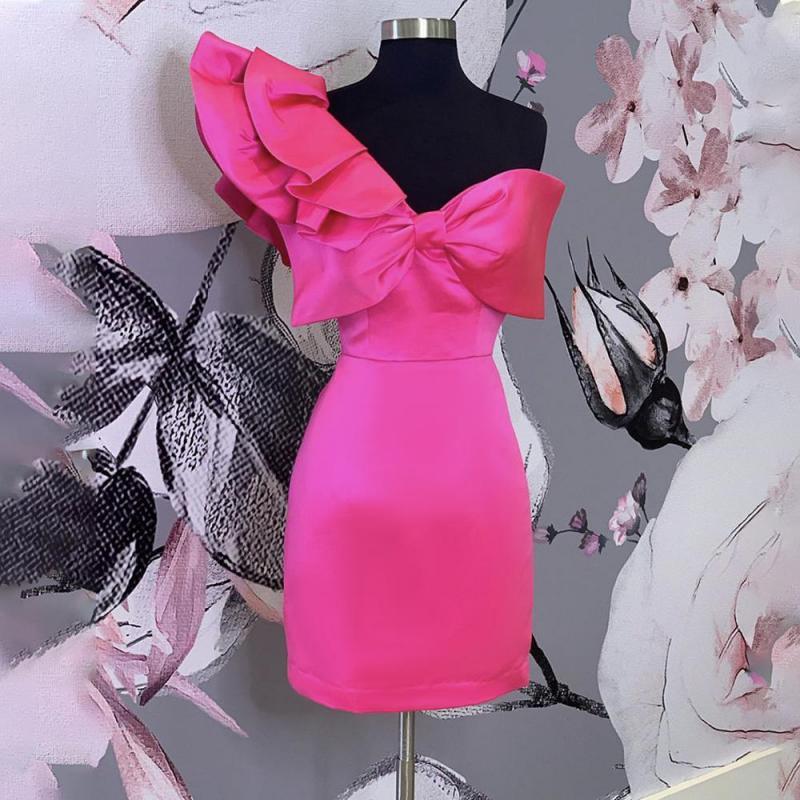 Women Dress One Shoulder Bow Party es Ruffles High Waist Mini Slim Thin Backles Sexy Ladies es Autumn 210513