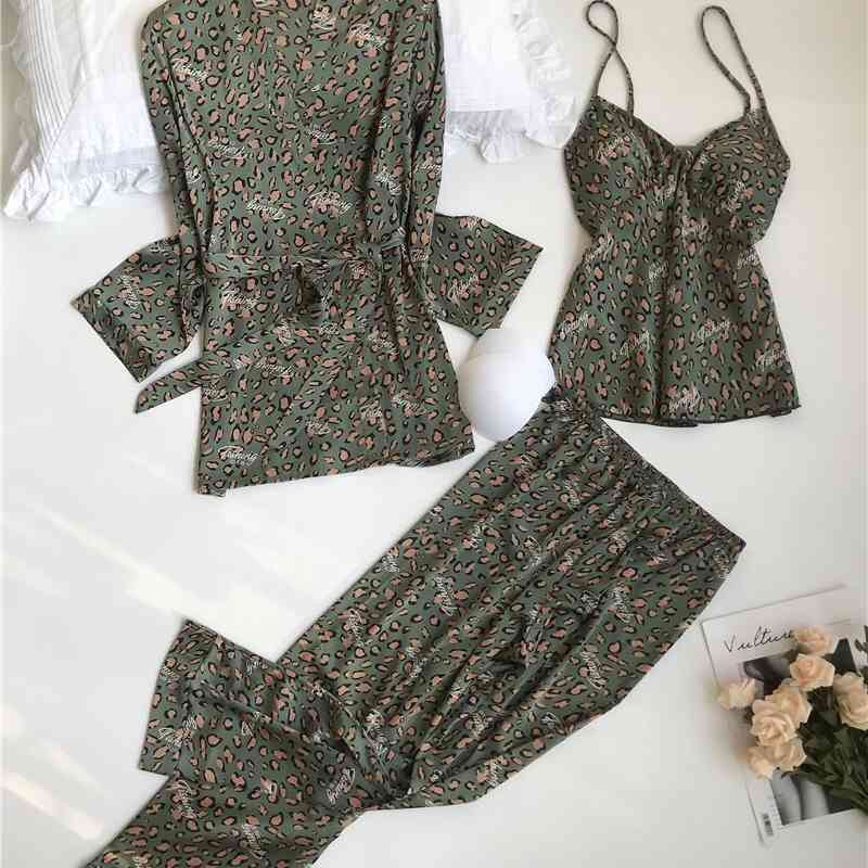 Floral Print Satin Short Shirt Camis Pajama Suits Elastic Waist Wide Leg Pants Women Loose Long Sleeve Blouse Tops 3 Pieces Set 210429