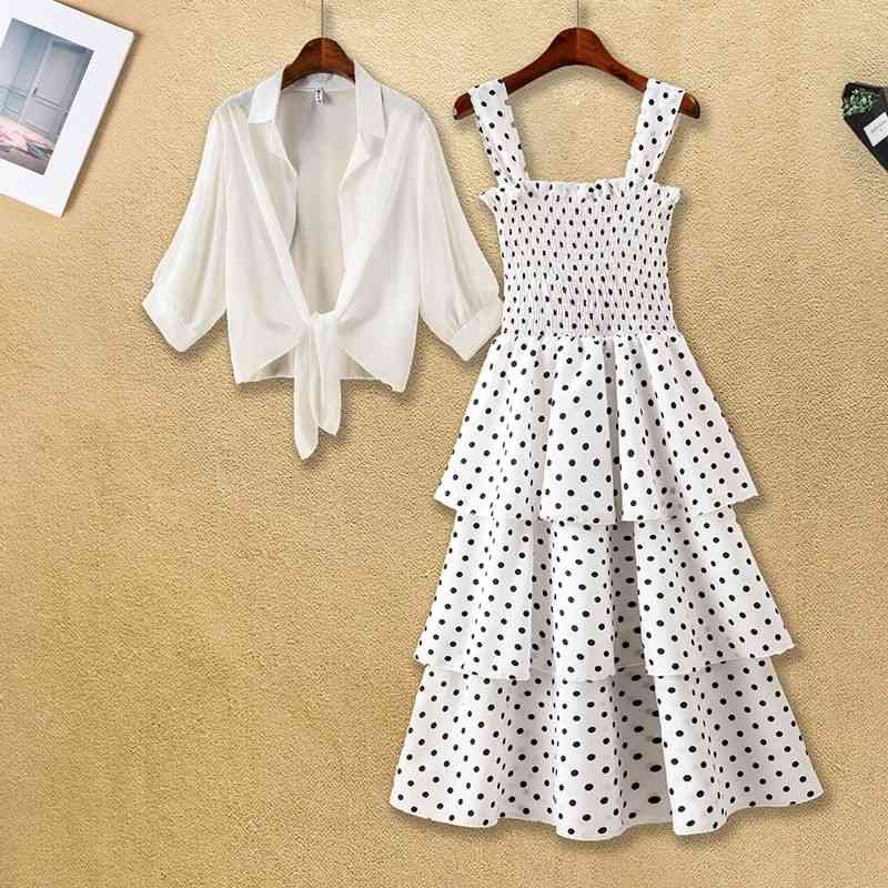 Summer Dress Women Sweet Polka Dots Sling Elastic Waist Midi Beach es Chiffon Small Shawl Ladies Suits Plus Size Cake 210526