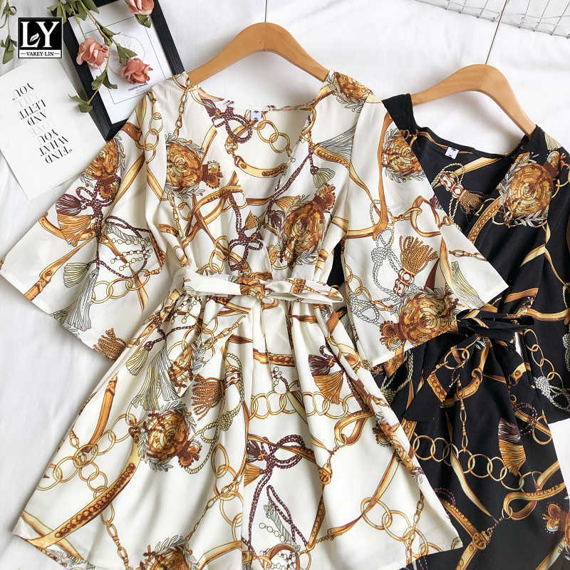 LY VAREY LIN Summer Women Fashion Bandage Short Jumpsuits Casual V-neck Print High Waist Wide Leg Jumpsuit 210526
